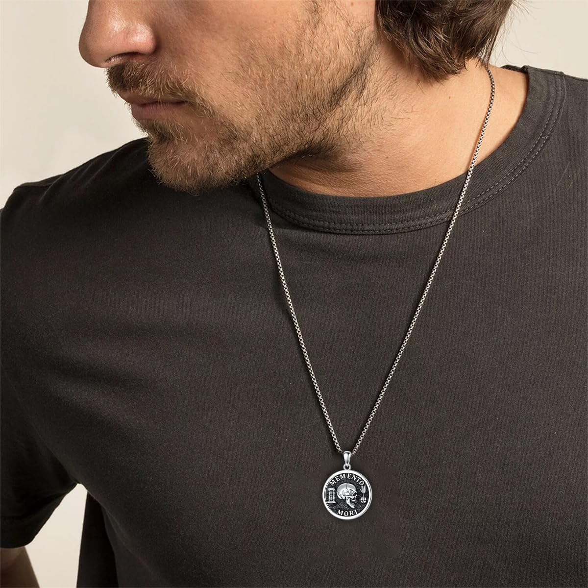 PELOVNY Memento Mori Necklace 925 Sterling Silver Gothic Skull Pendant Stoicism Jewelry Gifts for Men Women 22+2 Inch Chain
