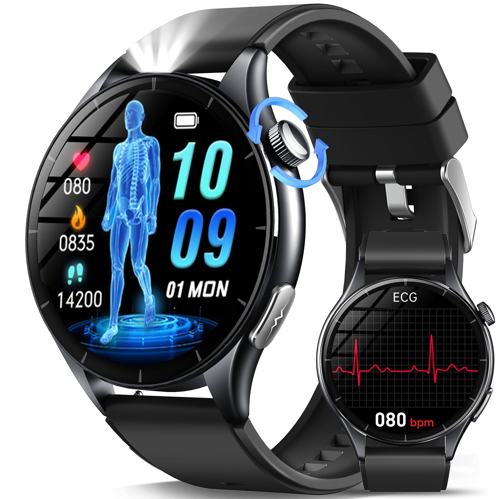 2026 Reloj Inteligente con ECG+HRV/Presion Arterial, Microchequeo, IMC, SOS | 1,56" AMOLED Smartwatch Salud, Composición Corporal/24H Pulsómetro, Sueño, SpO2, Temperatura Corporal/LED/100+ Modos Deportes