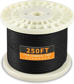 T316 Black 3/16“ Stainless Steel Cable, 250ft Wire Rope 7x19 Strands Aircraft Cable 3700lbs Breaking Strength, Wire Cable Rop for Deck Railing, String Lights, Fence, Clothesline &Yard Zipline