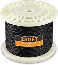 T316 Black 3/16“ Stainless Steel Cable, 250ft Wire Rope 7x19 Strands Aircraft Cable 3700lbs Breaking Strength, Wire Cable Rop for Deck Railing, String Lights, Fence, Clothesline &Yard Zipline