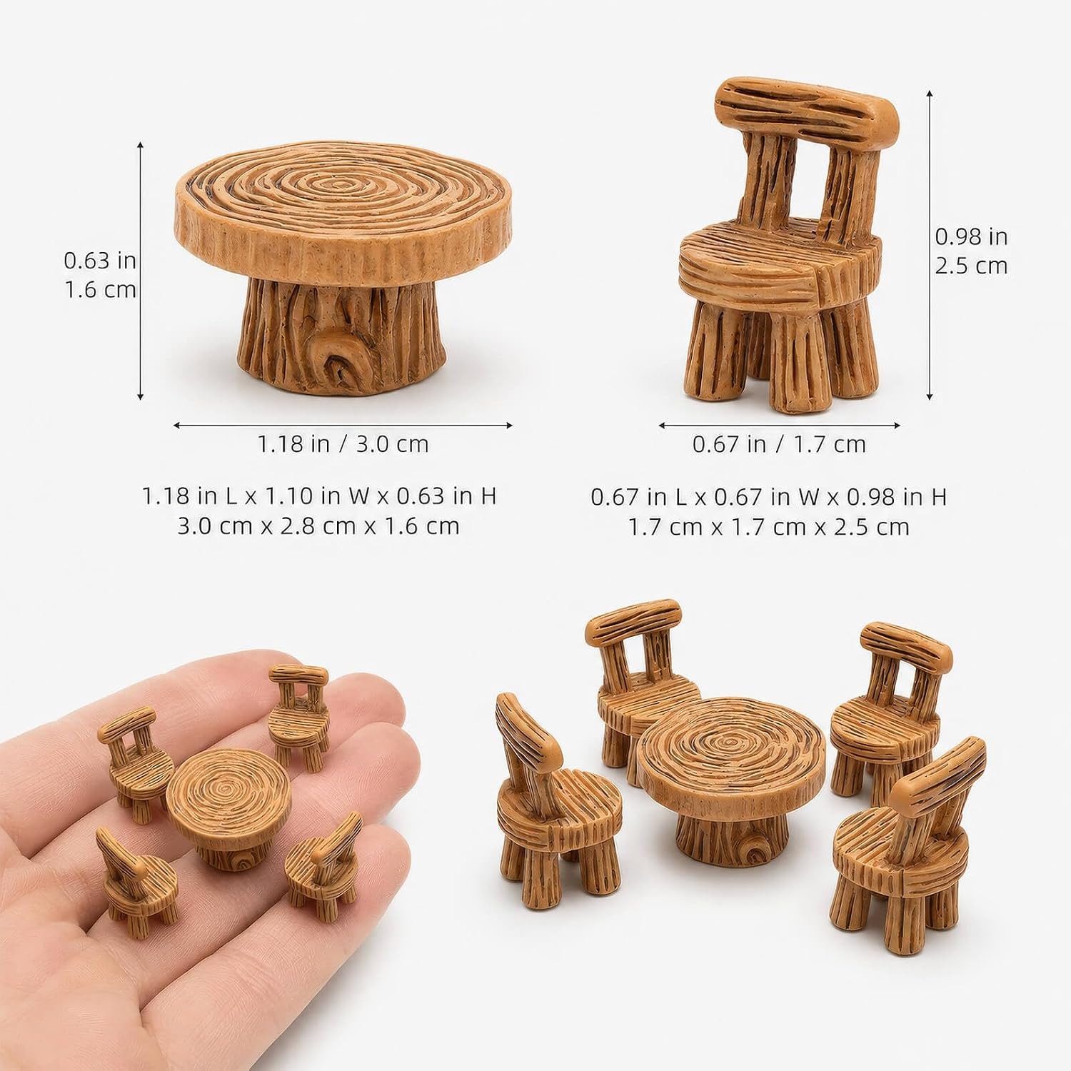 Miniature Patio Furniture Set Woodgrain Resin Garden Decor