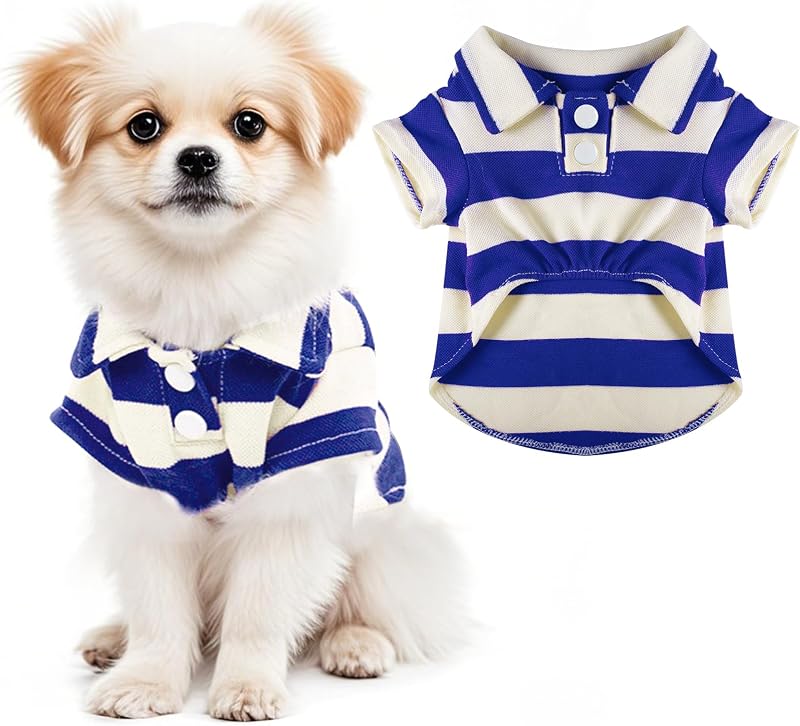 Dog Shirt Polo Shirt Striped Collar Puppy Clothes Summer Button Up Pet Clothes for Small Medium Dogs Cats for Boy Girl Pets (Royal Blue, Large)