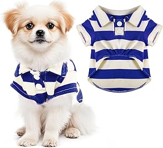 Camisa polo para perro, cuello a rayas, ropa para cachorros, ropa de verano con botones para mascotas para perros pequeños y medianos y gatos para mascotas (azul rey, S)