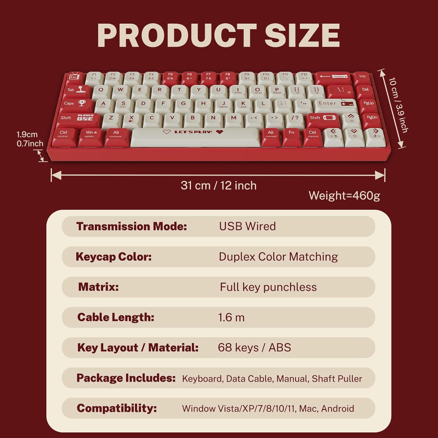 Diagram showing keyboard dimensions and package contents