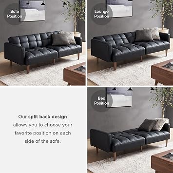 mopio 76.4 Futon Sofa Bed, Couch, Loveseat, Sleeper Sofa, Mid Century Modern Futon Couch, Sofa Cama, Couches for Living Room (Aaron PU, Midnight Black)
