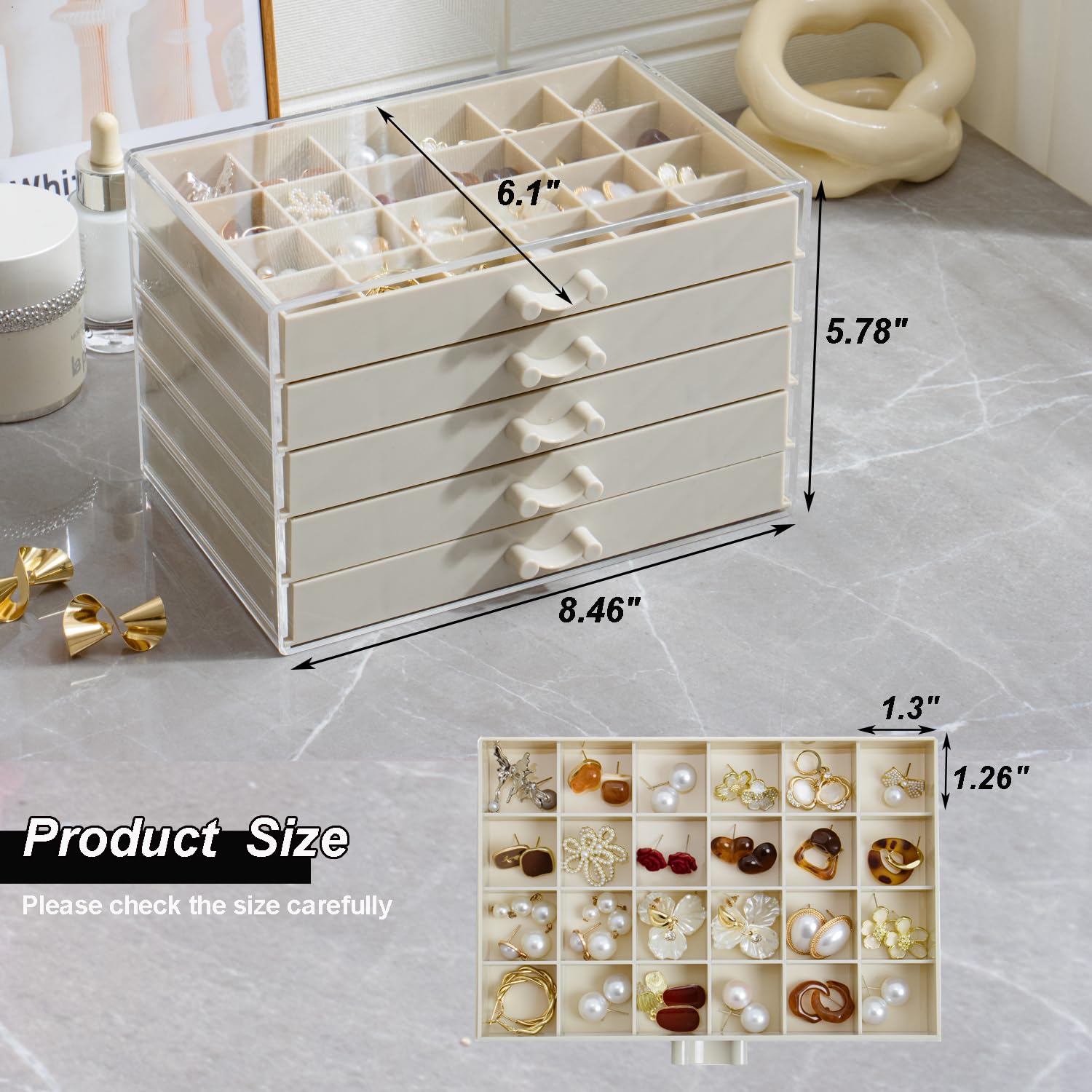 Portagioie Acrilico Trasparente 5 Cassetti – 120 Scomparti Per Orecchini E Anelli – Beige