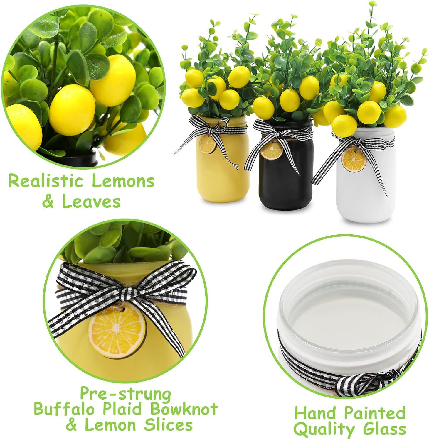Lemon Mason Jar Table Centerpiece Faux Lemon Kitchen Decor and Accessories Lemona with Artificial Leaves Spring Summer Farmhouse Decoration for Home Tiered Tray Tabletop Display Yellow White Black 3