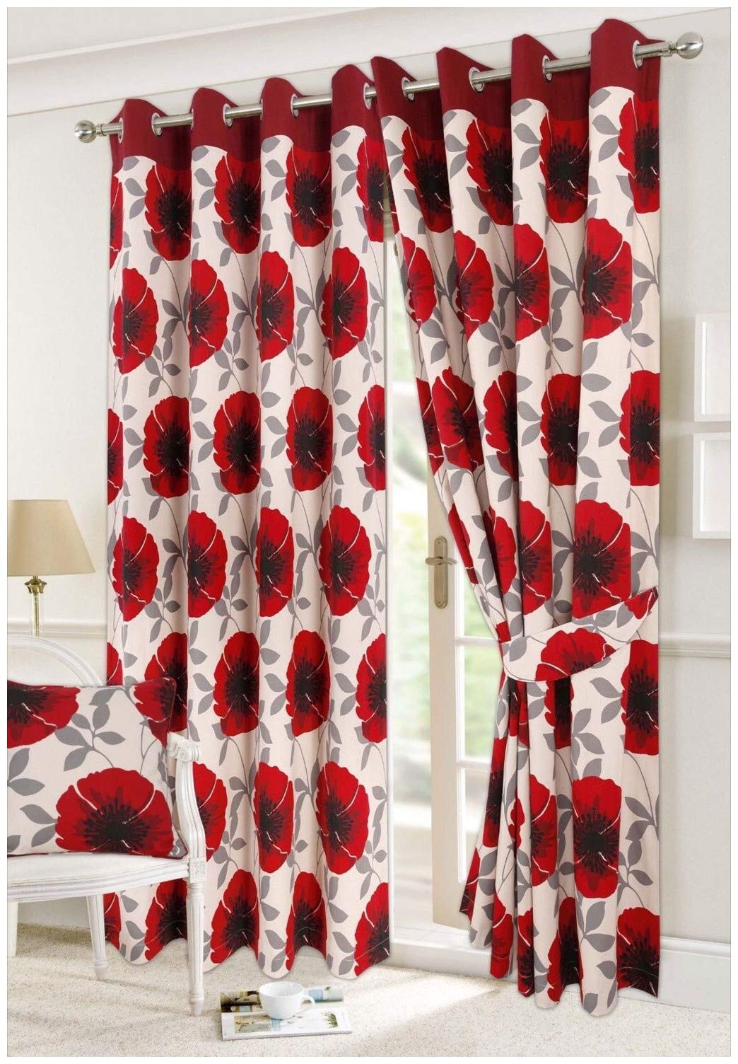 Hendem Tradings® Ring Top Curtains Thick Poly-Cotton Floral Print Eyelet Lined Pair Curtain (Isla Poppy Red, 46" x 90") — image 1
