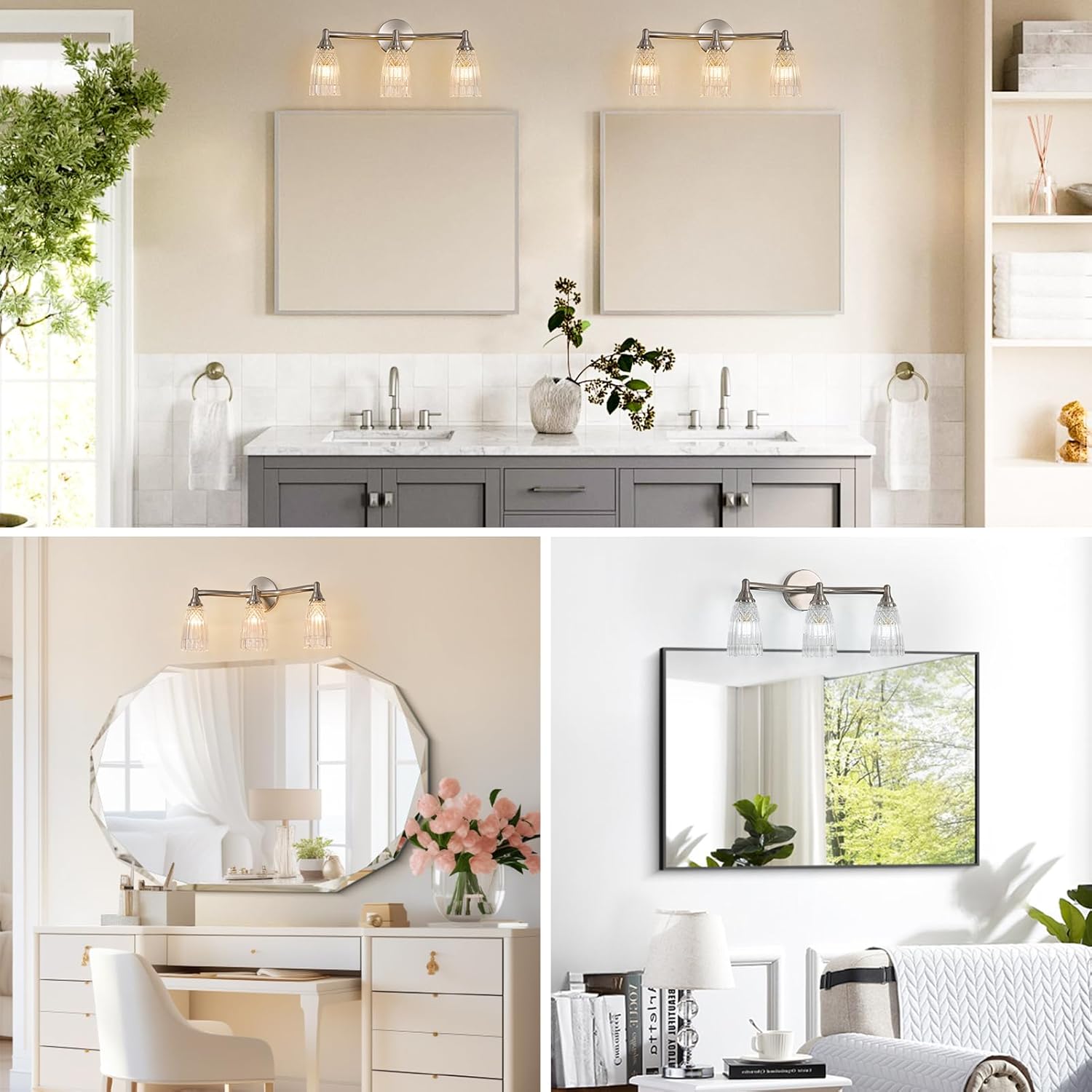 HDDFL Brushed Nickel Bathroom Vanity Light Fixture 3 Lights Modern Glass Wall Sconce for Bedroom Bath Living Room Hallway