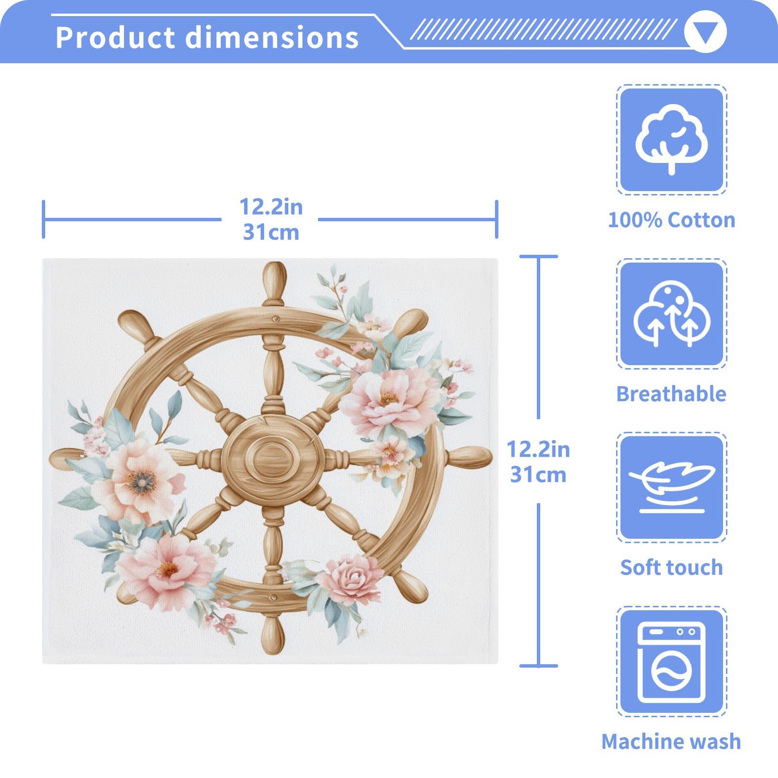 ALAZA Wash Cloth Set 100% Cotton Fingertip Towels Face Cloths Sets Ship Wheel Flowers Highly Absorbent Soft Feel Set of 2