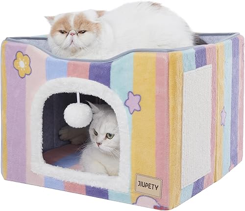 Jiupety Cama para gatos para 2 gatos, casas de gatos para gatos de interior con almohadilla para rascar y juguete de bola para gatos, cama plegable