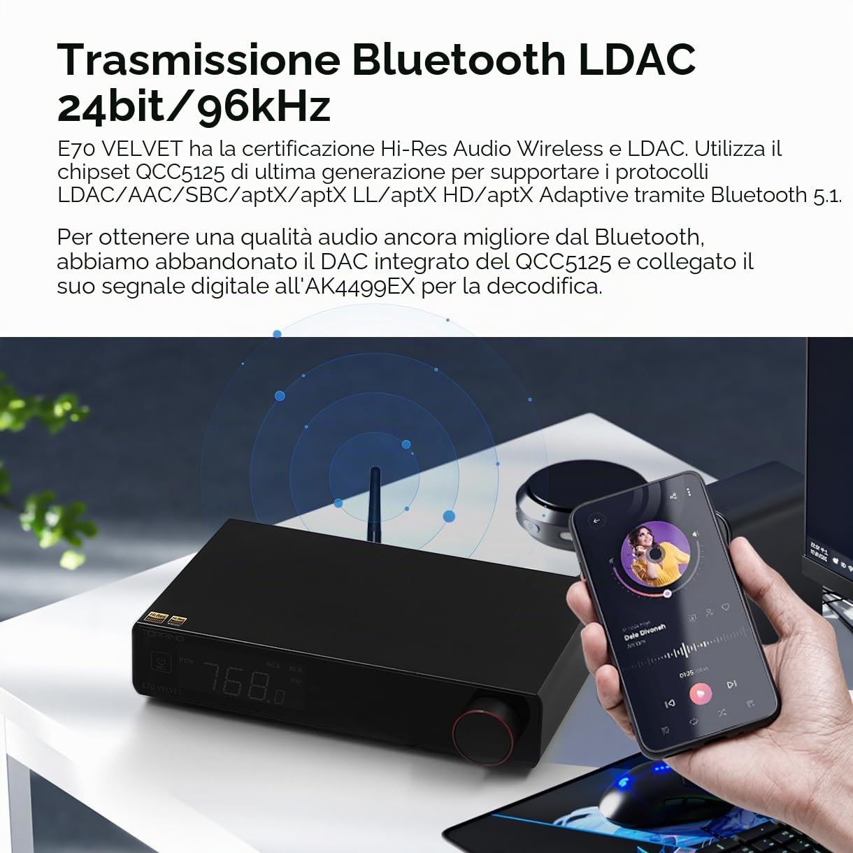 Topping E70 Velvet AK4499EX DAC, XU316 DSD512 PCM768kHz DAC, Ingresso USB/Bluetooth/Opt Toslink/Coax Convertitore D/A, HIFI Audio Preamp DACs (Nero)