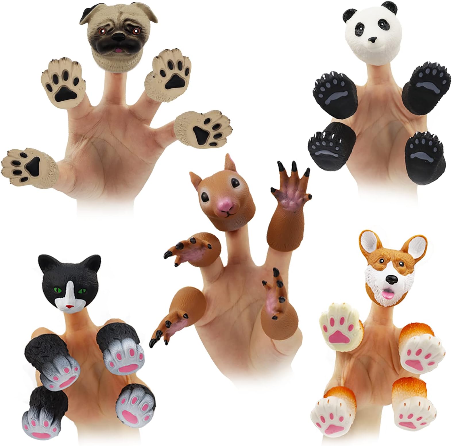 MIMIDOU Cute Animal Finger Puppets Toys 5 Set, Panda, Squirrel, cat, Shiba Inu, Pug, Role-Telling Animal Puppets, an Excellent Gift for Kids.