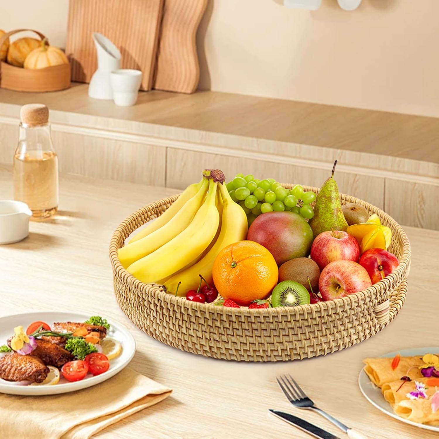 Handwoven Rattan Round Serving Tray, Natural Wicker Decorative Tray for Serving, Coffee Table, Home Boho Décor and Entertaining, Gift Idea Choice - Image 4