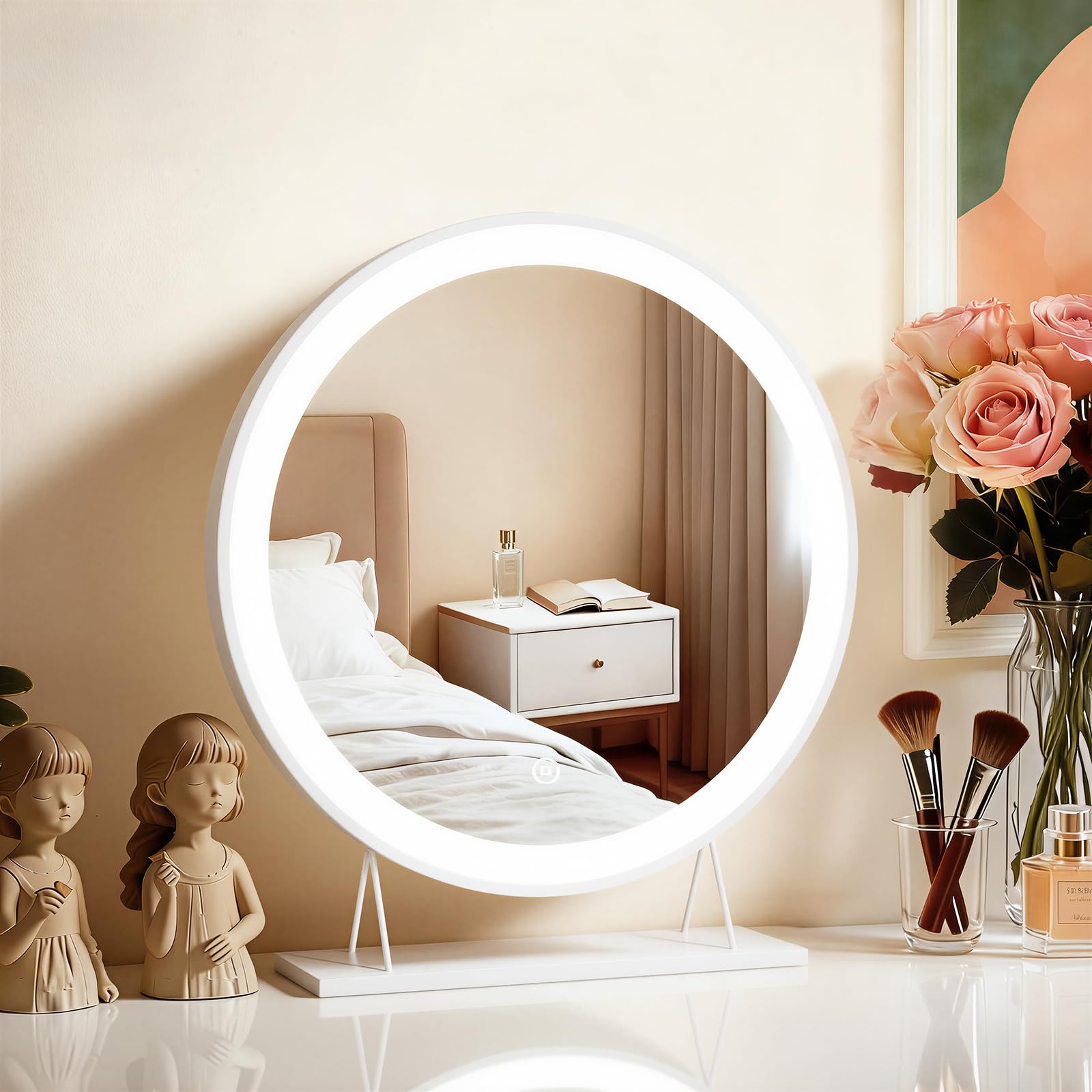 Heilmetz Schminkspiegel mit Beleuchtung Rund Φ40cm - Hollywood Kosmetikspiegel mit 3 Lichtfarben (3000K-6500K), Dimmbarer Standspiegel mit Memory-Funktion, Plug & Play für Schminktisch, Weiß