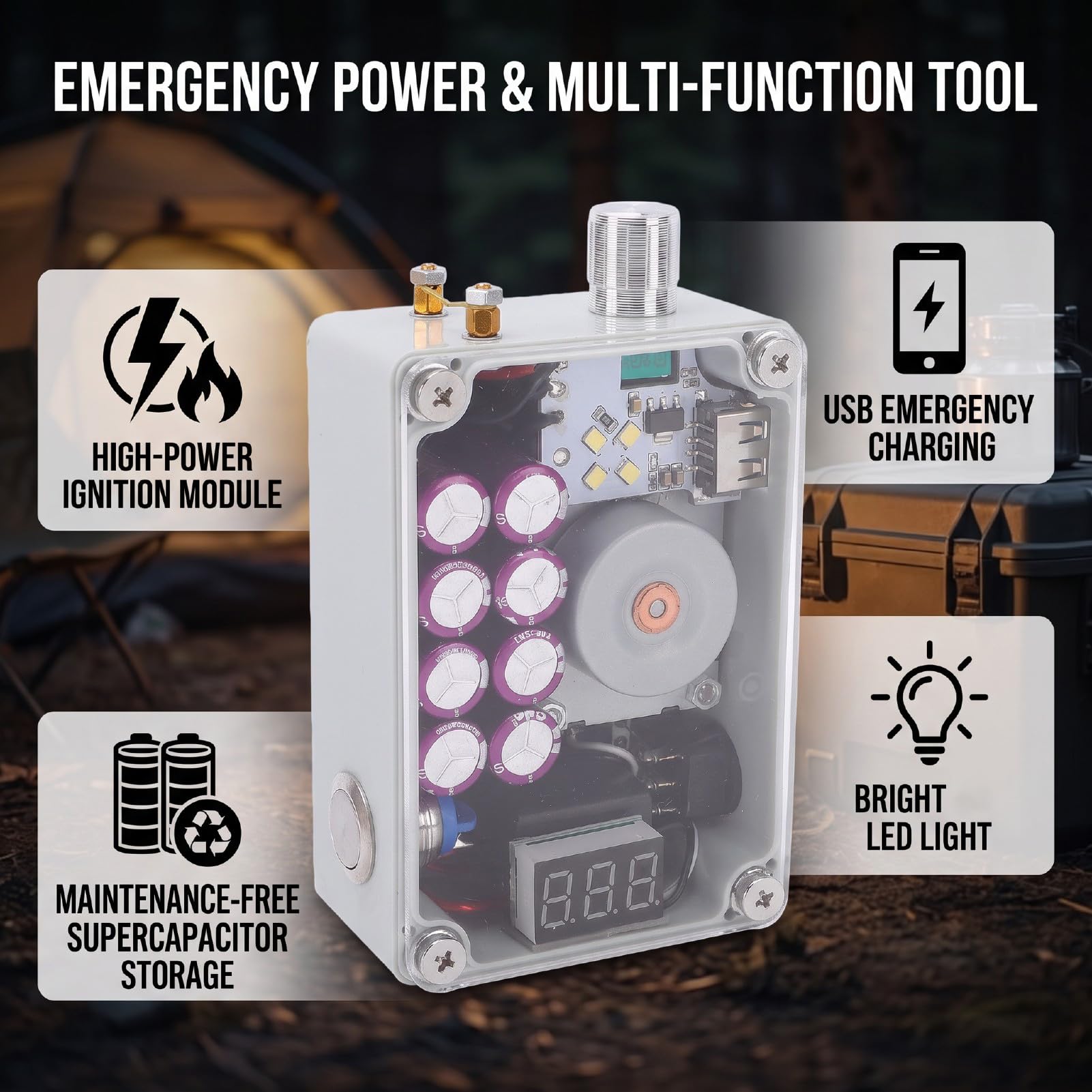 Luocute Generatore a Manovella con Display LCD Rosso | Caricatore USB, custodia per supercondensatori, illuminazione di emergenza, accensione per campeggio all'aperto