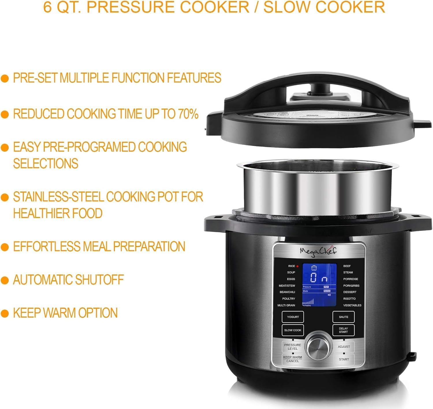 6 Quart Digital Electric Pressure Cooker – Stainless Steel Multi-Cooker with 14 One-Touch Programs, Locking Lid & Easy Clean Design