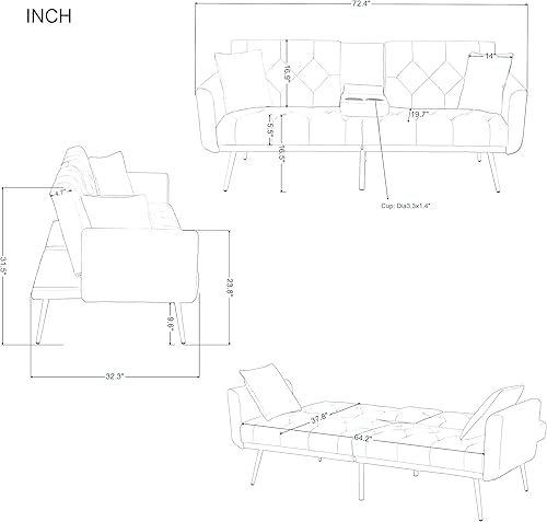 Miniatura 2 de Sofá cama convertible de terciopelo de 72.4 pulgadas con 2 portavasos, patas de metal, 2 almohadas para el hogar, oficina, habitación de invitados,