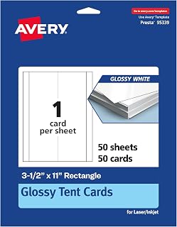 Avery Printable Rectangle Tent Cards, 3.5" x 11", Glossy White Cardstock, Laser/Inkjet, 50 Total, Great for Table Talkers, Promotional Signs, Instructional Signs, and More