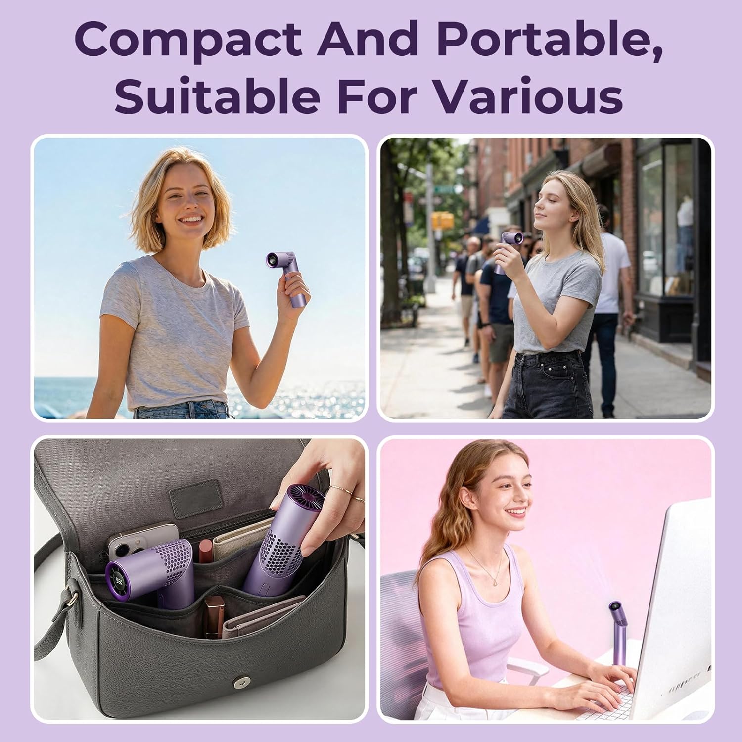 Mini Portable Fan,Small Handheld Fan Portable with Turbo Power,3000mAh Rechargeable,1-199 Speed Adjustment,Lightweight Hand 90° Foldable Personal Fan for Travel Concerts Camping Makeup (Purple)