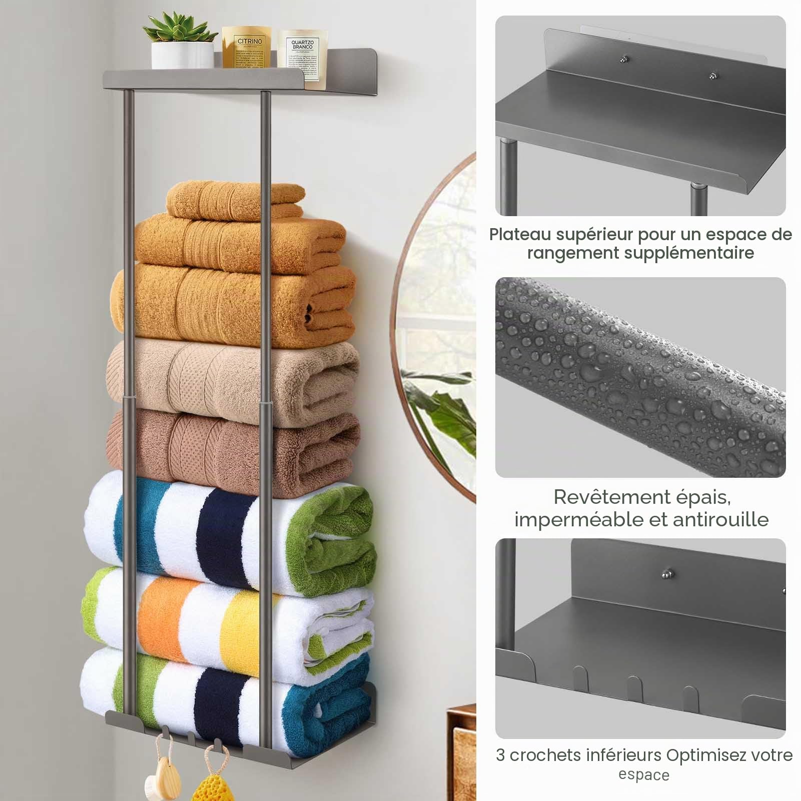Porte Serviette Mural sans Perçage - Porte Serviette Salle de Bain- avec Patere Salle de Bain -Convient pour Le Rangement Serviette Salle de Bain