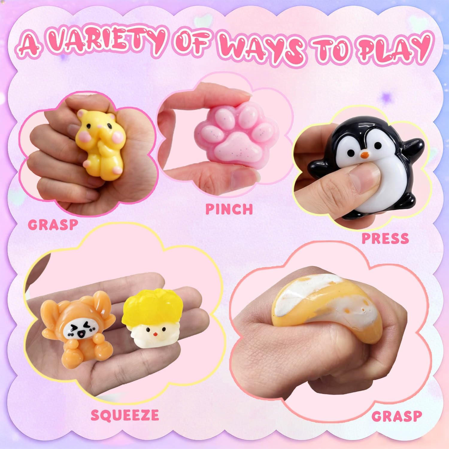 ZiZa Squishy Toys - 24Pcak Mini Squishy Fidget Stress Relief Squeze Toys Kit, Includ Taba Animals, Strawberry, Cat Paw Penguin, Hamster, Squishies Squishys Birthday Christmas Gift for Girls Kids