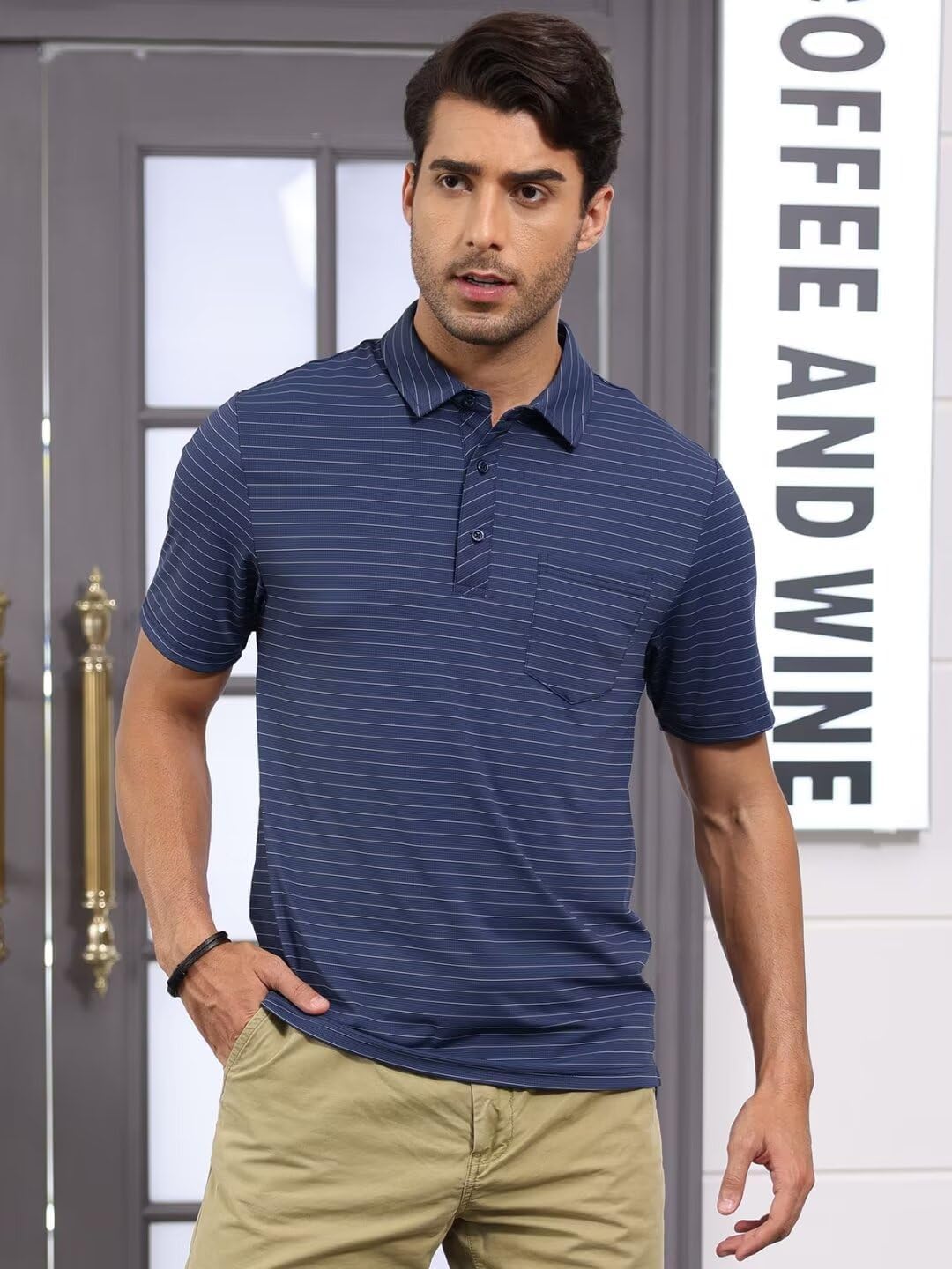 Pdbokew Men's Polo Shirts Short Sleeve Striped Golf Polo Shirt with Pocket Large Blue image 5 of 6 B0CS6LXBQ9