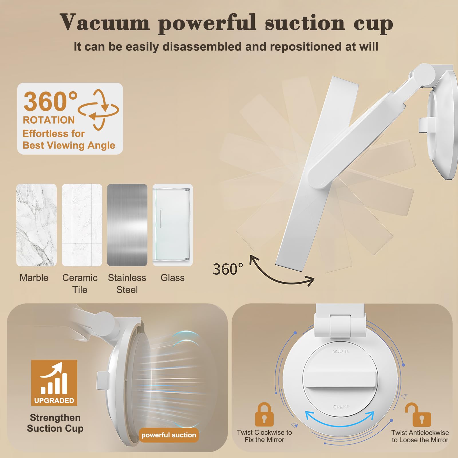 Specchio Ingranditore 10x,Specchio Trucco con Luci,Ricaricabile,Rotazione a 360°,3 Colori di Luce LED,Luminosità Regolabile,Ventosa Potente,Pinzette per Vanità Del Bagno e Viaggio