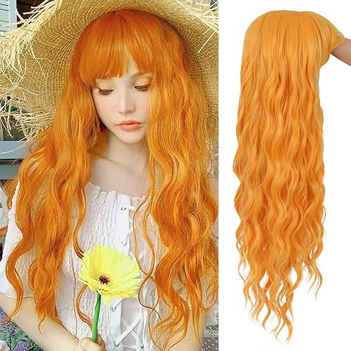 Light Orange Wigs with Bangs for Women Long Wavy Curly Wig Party Cosplay Halloween Daily Use(Orange)