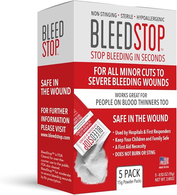 BleedStop First Aid Powder for Blood Clotting, Trauma Kit, Blood Thinner Patients, Camping Safety, and Survival Equipment for Moderate to Severe Bleeding Wounds or Nosebleeds 5 Pack 15g