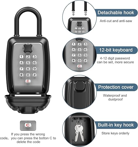 Miniatura 6 de Ankilo Caja de bloqueo de llave para exteriores, caja de seguridad grande para llaves al aire libre, combinación de 12 dígitos, caja de