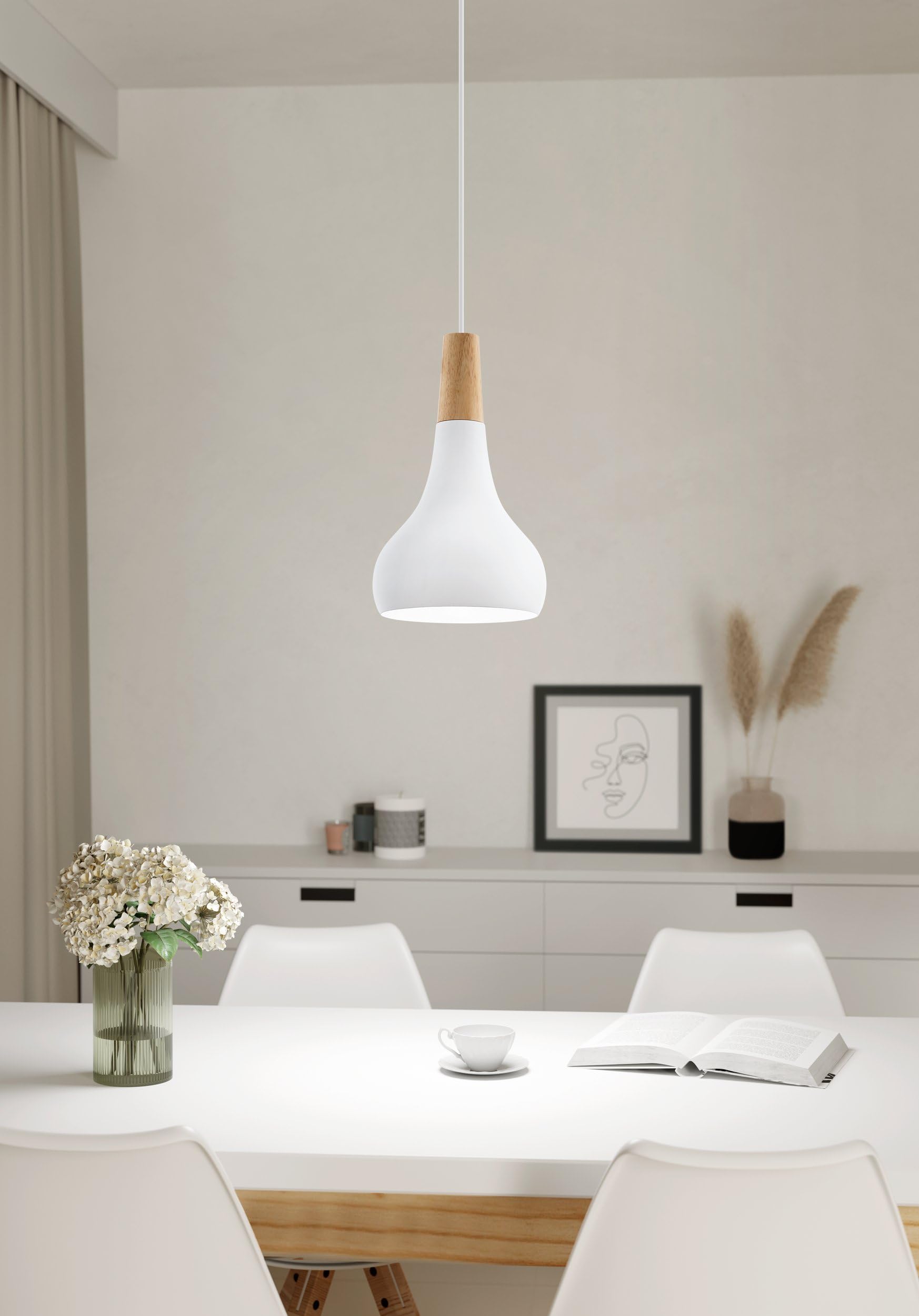 Eglo Sabinar Lámpara colgante de 1 foco de acero y madera, color: blanco