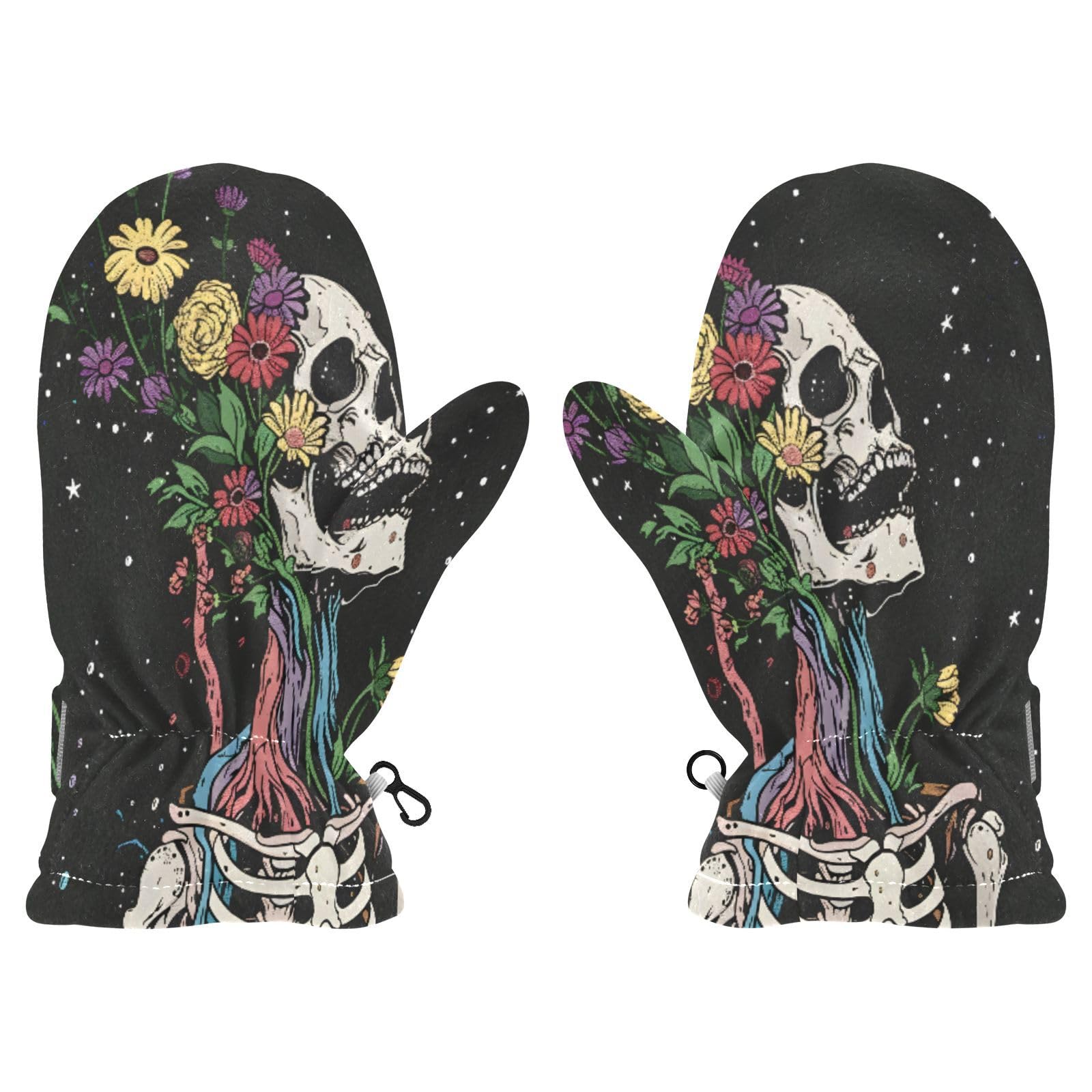 Kid's Winter Gloves Children Warm Gloves Skeleton Holding Flowers for Boys Girl Age 2-4 Years
