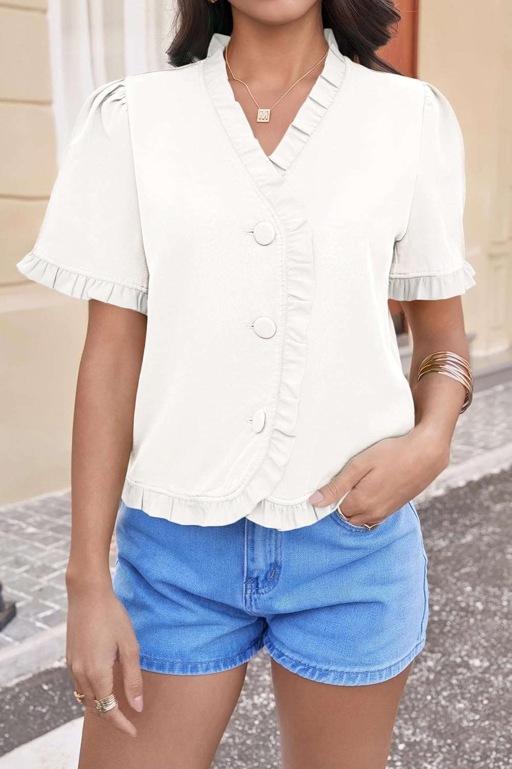 Tankaneo Womens Cropped Short Puff Sleeve Blouse Summer Ruffle V Neck Button Down Shirts Dressy Casual Work Tops - Image 2