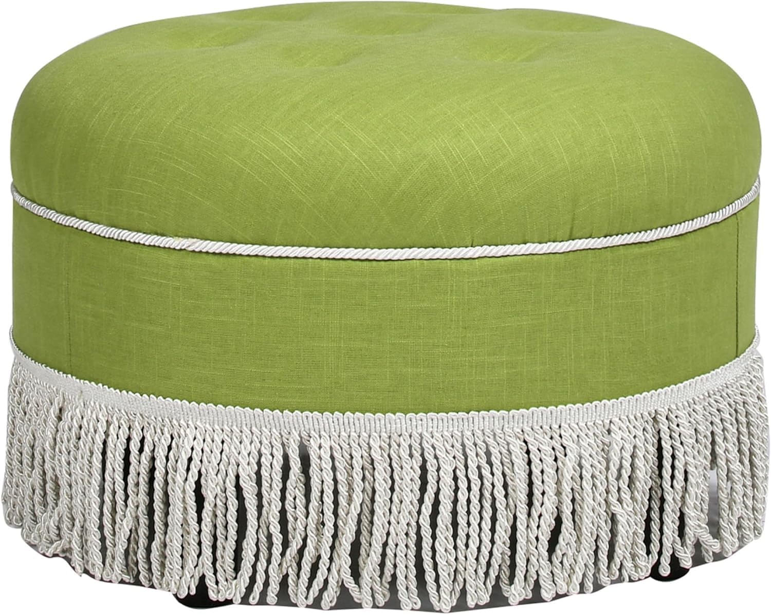 Jennifer Taylor Home, Ottoman, Hand Tufted w/Cord & Fringe Trim (Bright Chartreuse Linen Cotton Blend with Gold Trim)