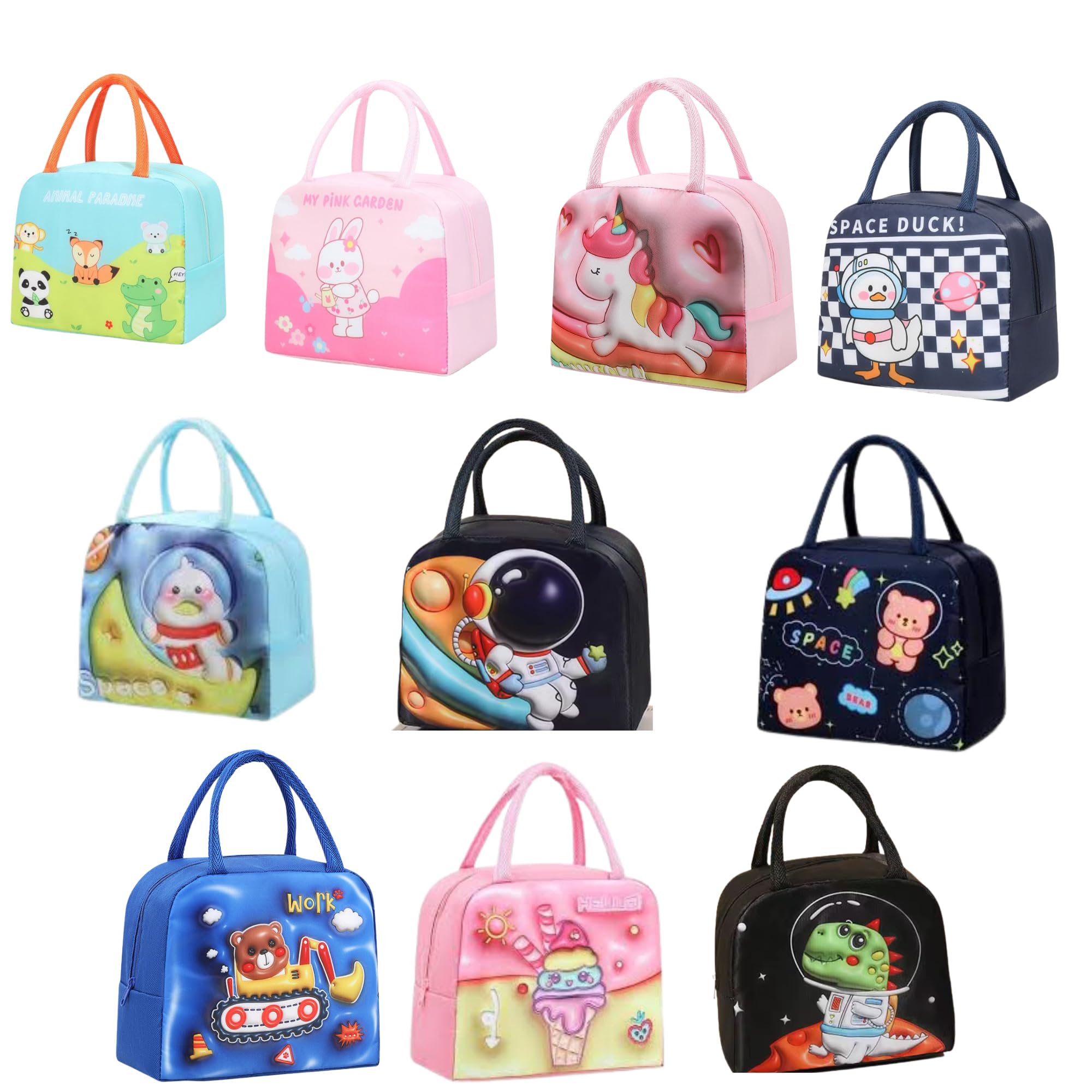 Crackles Cartoon Print Insulated Lunch Box Bag || Men Women and Kids || Bags for School, Picnic, Work, Carry Bag for Lunch Box || Easy Carry Lunch Bag, Random Color and Prints - Pack of 10-image-16