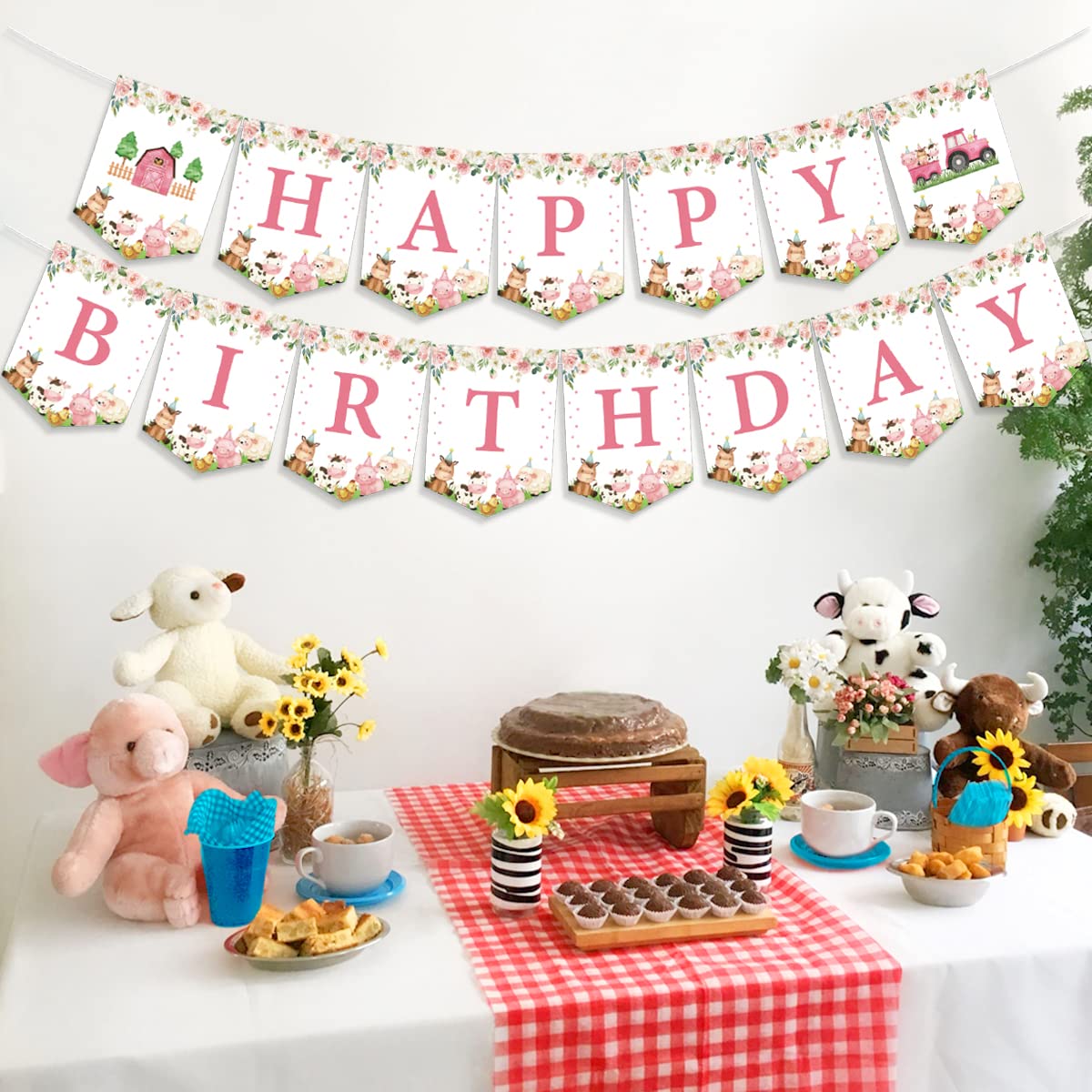 Banner Di Buon Compleanno Rosa Fattoria Per Bambina, Con Animali (Mucca, Maialino, Pony), Trattore E Fiori, Pre-Infilato, 8.3x6.3 Pollici Per Cartello - 2