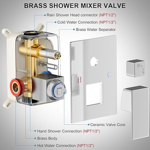 Miniatura 6 de Juego de grifo de ducha cuadrado para baño, cabezal de ducha de lluvia y mango, accesorios de ducha montados en la pared con válvula de ducha y kit