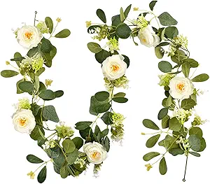 6Ft Artificial Eucalyptus Flower Garland,Flower Garlands with 6 White Roses,Eucalyptus Garland with Flowers Use for Wedding/Table/Backdrop/Arch Birthday Party Indoor Outdoor Decor