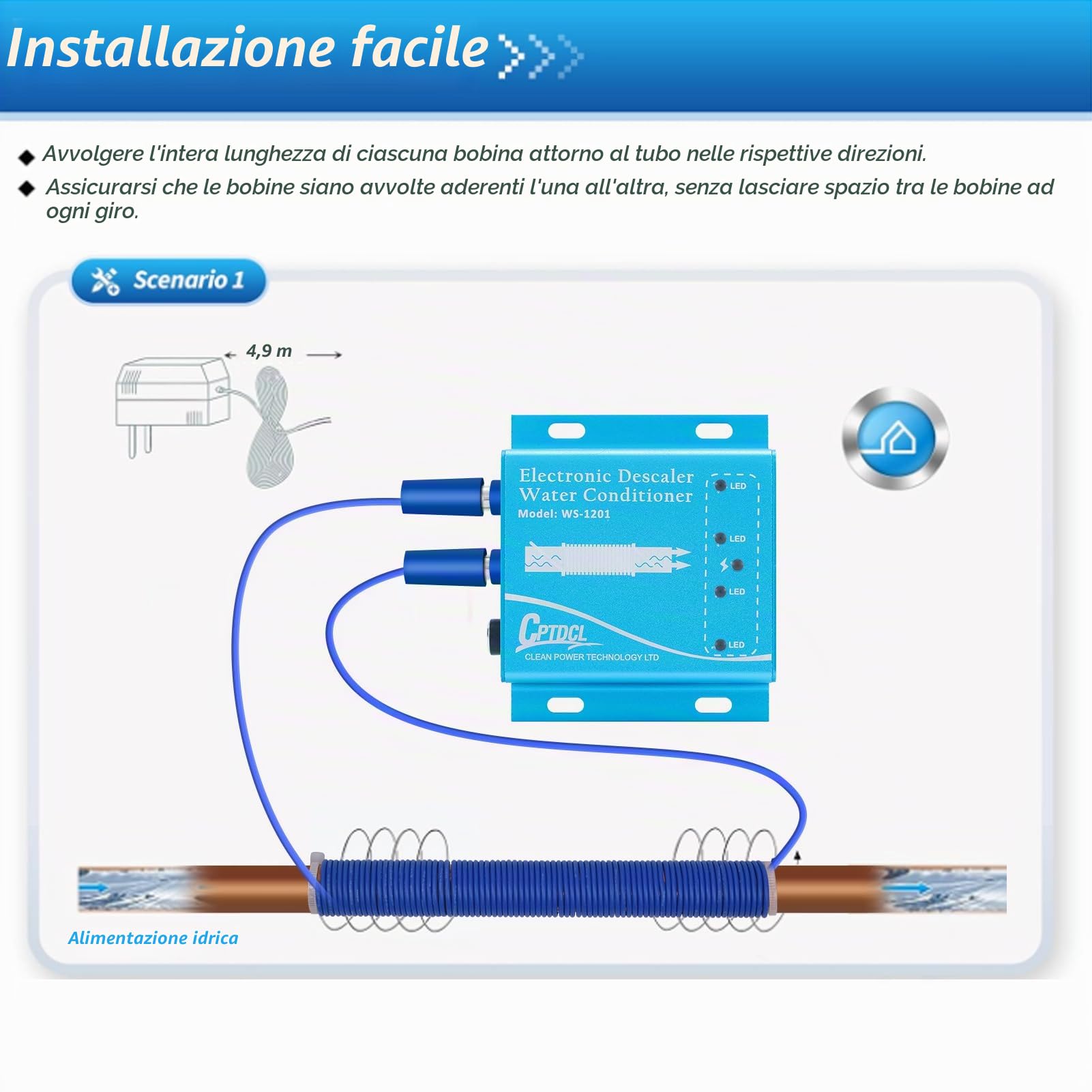Sistema di decalcificazione elettronico dell'acqua, disincrostante senza sale, ridurre l'accumulo di tartaro, per tutti i tipi di tubi idraulici,9V, Impermeabilità: 10-12.5GPG(blu)