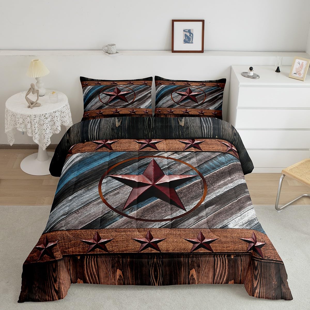 Rustic Texas Star Comforter Western Texas Comforter Set for Boys Girls Children Wood Boards Bedding Set Country Style Farmhouse Duvet Set Room Decor Quilt Set Queen Size