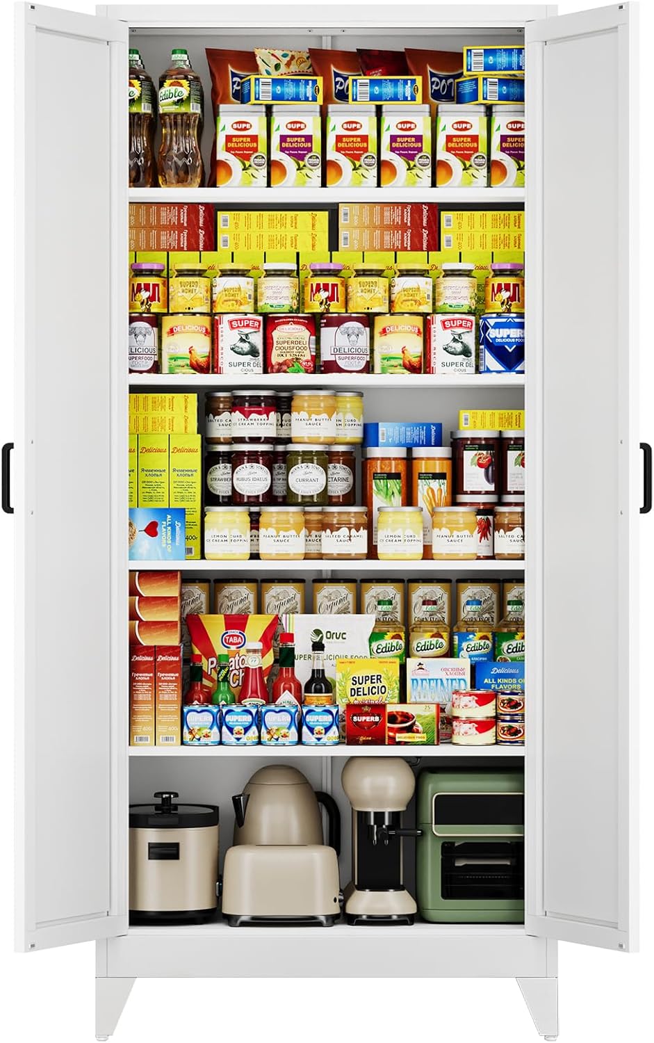 Letaya 75" H Metal Storage Cabinet with 2 Doors and 4 Shelves,Tall Kitchen Pantry Cabinets,Farmhouse Utility Pantry Organizers for Cupboard/Dining/Bathroom/Home Office/Garage,White