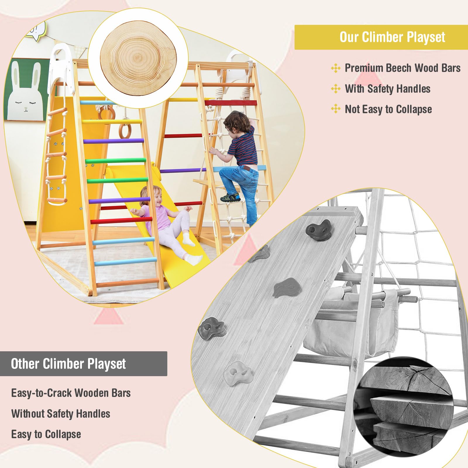 LIFEZEAL 8 en 1 Juego de Triángulo de Escalada, Gimnasio Bebe Madera, Parque Infantil con Tobogán de Madera, Red de Escalada y Anillas de Gimnasia y Columpio, para Niños a Partir de 3 Años