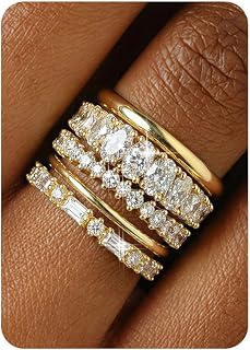 Tungary 14K Gold Plated Stackable Rings for Women - Non-Tarnish Cubic Zirconia Stacking Bands, Dainty Wedding Promise Thumb Rings Sizes 5-10