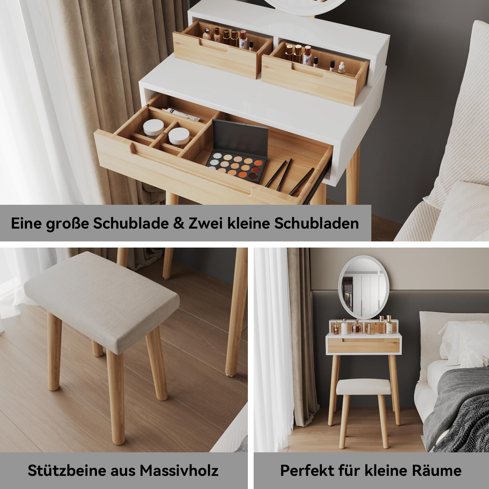 YU YUSING Schminktisch mit LED Beleuchtung und Spiegel, Frisiertisch Kosmetiktisch mit 3 Schubladen Hocker, Einstellbare Helligkeit, 60 cm Make Up Vanity für kleinen Raum, Schlafzimmer, Holzfarbe