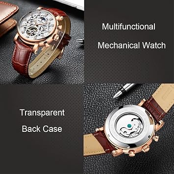 Men's Watch Leather Skeleton Automatic Mechanical Tourbillon Calendar Moon Phase Luminous Waterproof Luxury Business Wristwatch