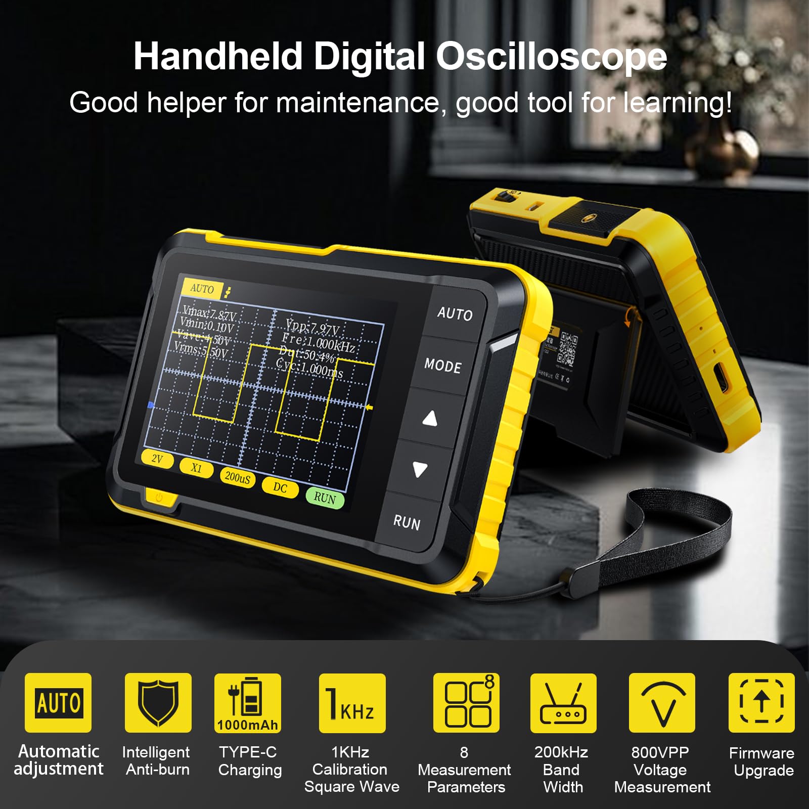 Mini Oscilloscope Numerique 200 kHz 2,5 MS/s, Kethvoz USB Oscilloscope Kit Portatif avec écran Couleur 2,8" pour Automobile/Débutants (Sonde Haute Tension P6100 incluse)