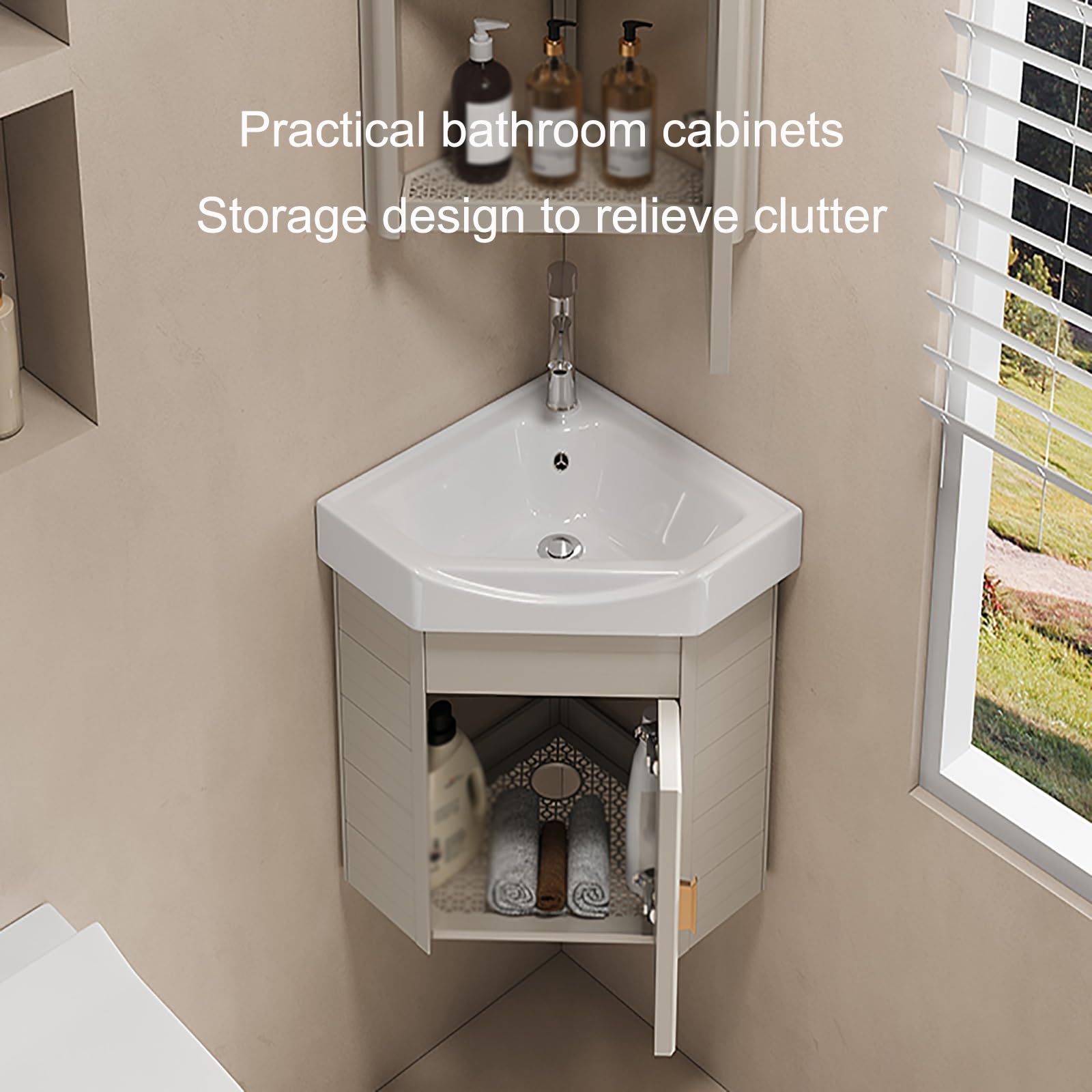 Eckwaschbecken Mit Unterschrank, Wandmontiertes Keramik Waschbecken, Badezimmer-Waschbecken, Mit Wasserhahn, Badunterschrank Waschbecken, Badmöbel-Set, Für Badezimmer(Gray,48cm/18.9in)