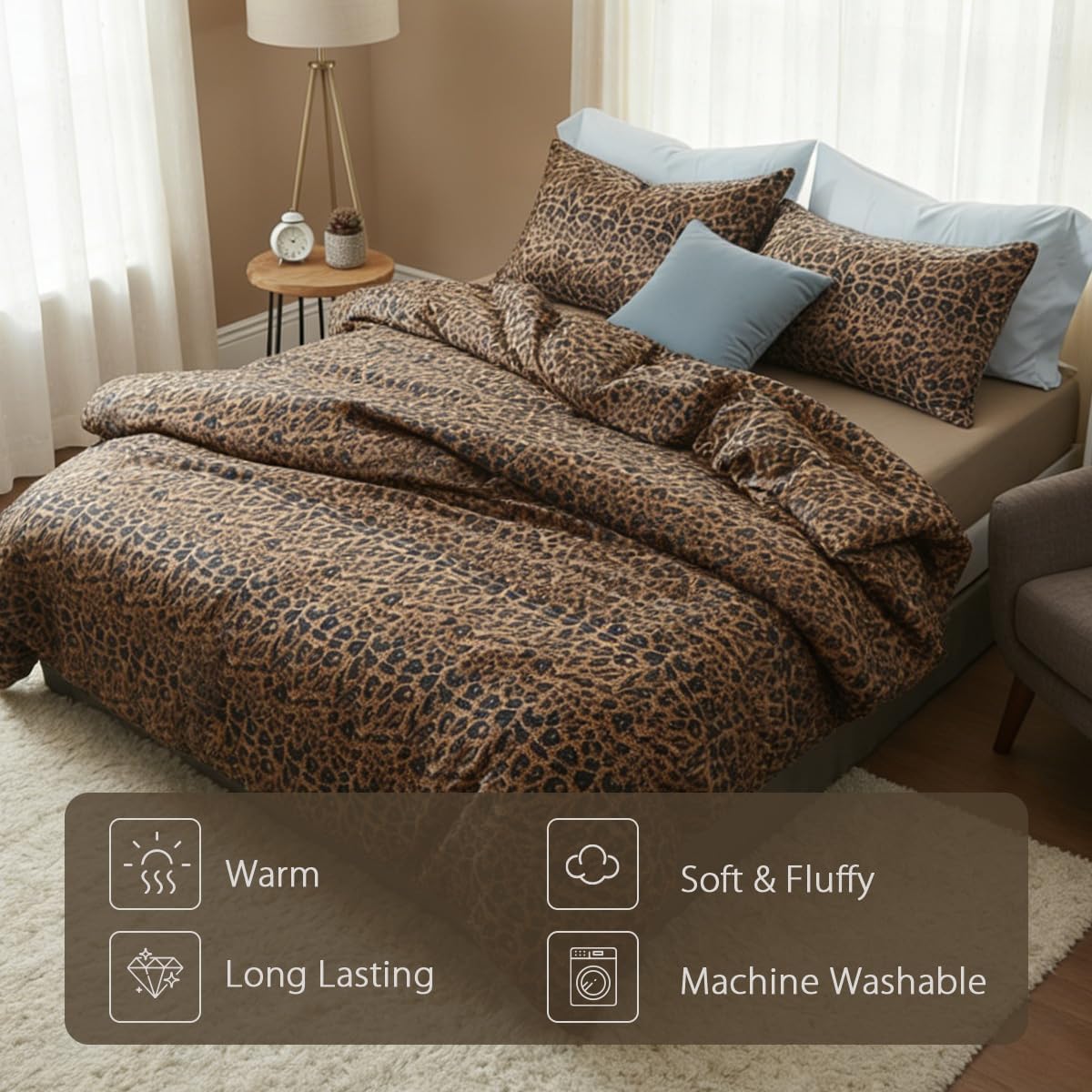 Leopard Comforter Set Queen Size 3 Pieces Black Brown Animal Cheetah Print Bedding Set for All Seasons Farmhouse Leopard Pattern Soft Lightweight Comforter with 2 Pillowcases