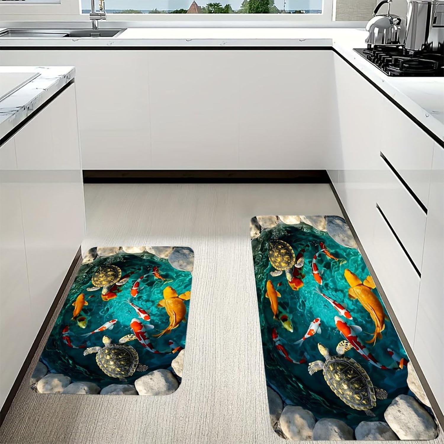 Koi Fish and Turtles Pond Scene Kitchen Rugs 2 Piece Set,Non-Slip Absorbent Washable Kitchen Floor Mats,Comfort Standing Mats for Sink Front Home Decor 16x24 & 17x47 Inch